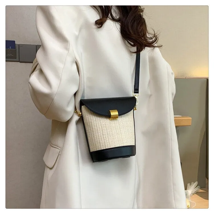 Straw And Leather Bucket Crossbody Bag-Showtown