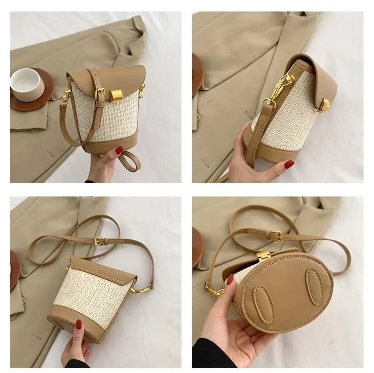Straw And Leather Bucket Crossbody Bag-Showtown
