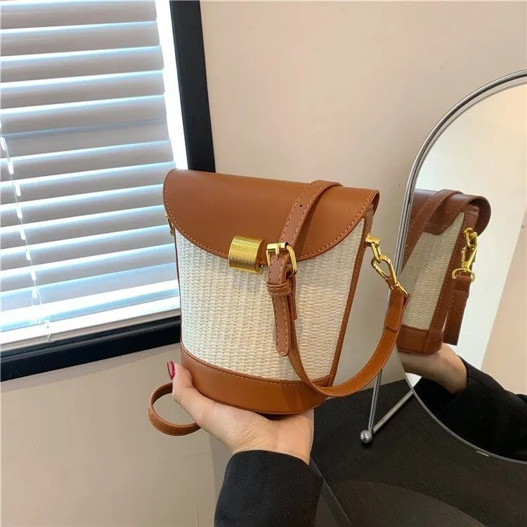 Straw And Leather Bucket Crossbody Bag-Showtown