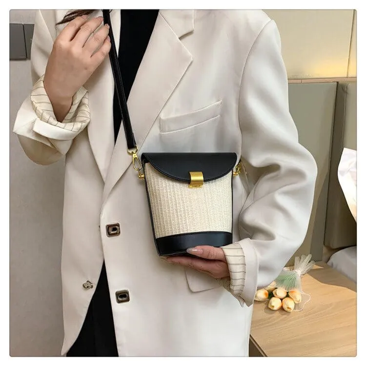 Straw And Leather Bucket Crossbody Bag-Showtown