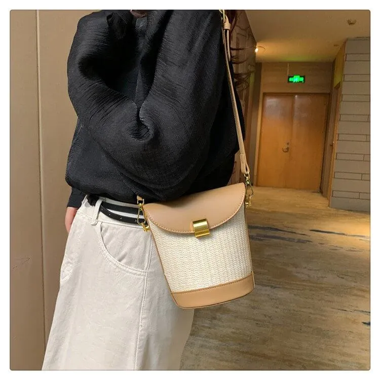Straw And Leather Bucket Crossbody Bag-Showtown