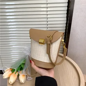 Straw And Leather Bucket Crossbody Bag-Showtown