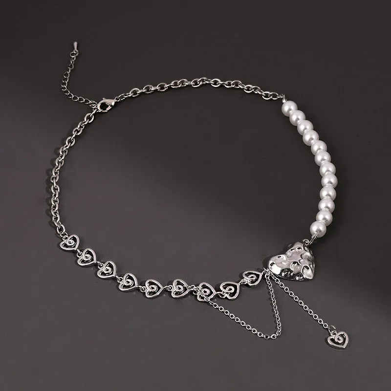 Sweet Gem Silver Chain Pearl Stitching Cross Necklace