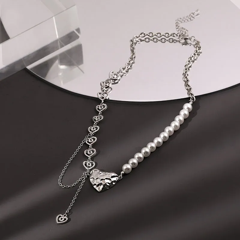 Sweet Gem Silver Chain Pearl Stitching Cross Necklace
