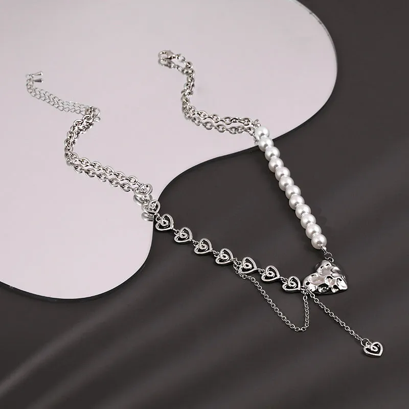 Sweet Gem Silver Chain Pearl Stitching Cross Necklace