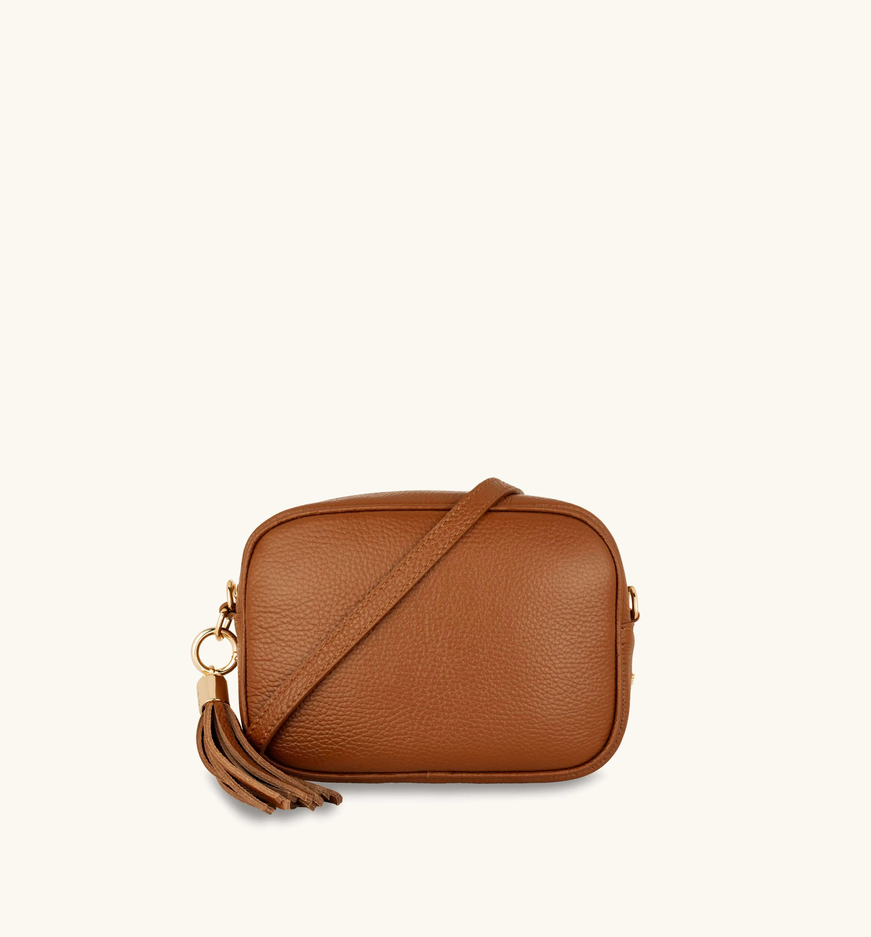 The Tassel Tan Leather Crossbody Bag With Cappuccino Dots Strap