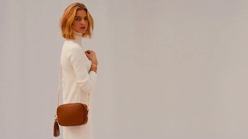 The Tassel Tan Leather Crossbody Bag With Cappuccino Dots Strap