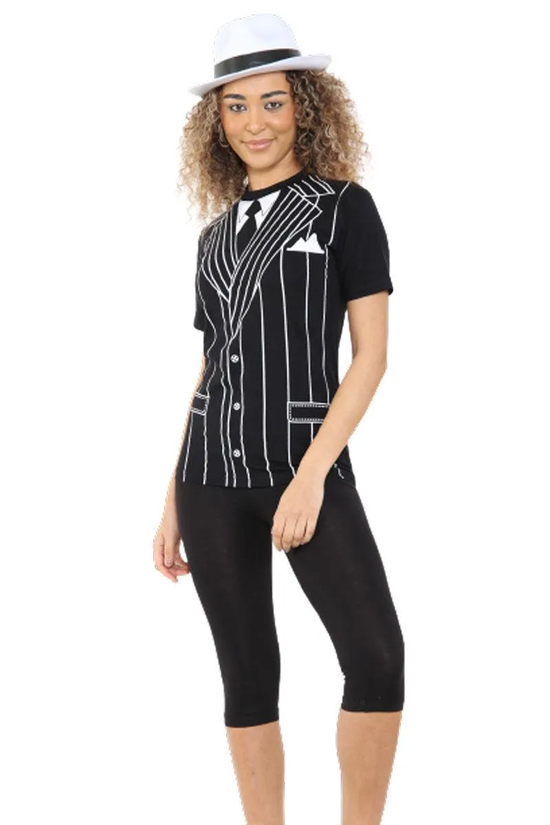 Unisex Gangster Printed T-shirt Black Short Sleeves Novelty Stag Do Fancy Dress Party Top