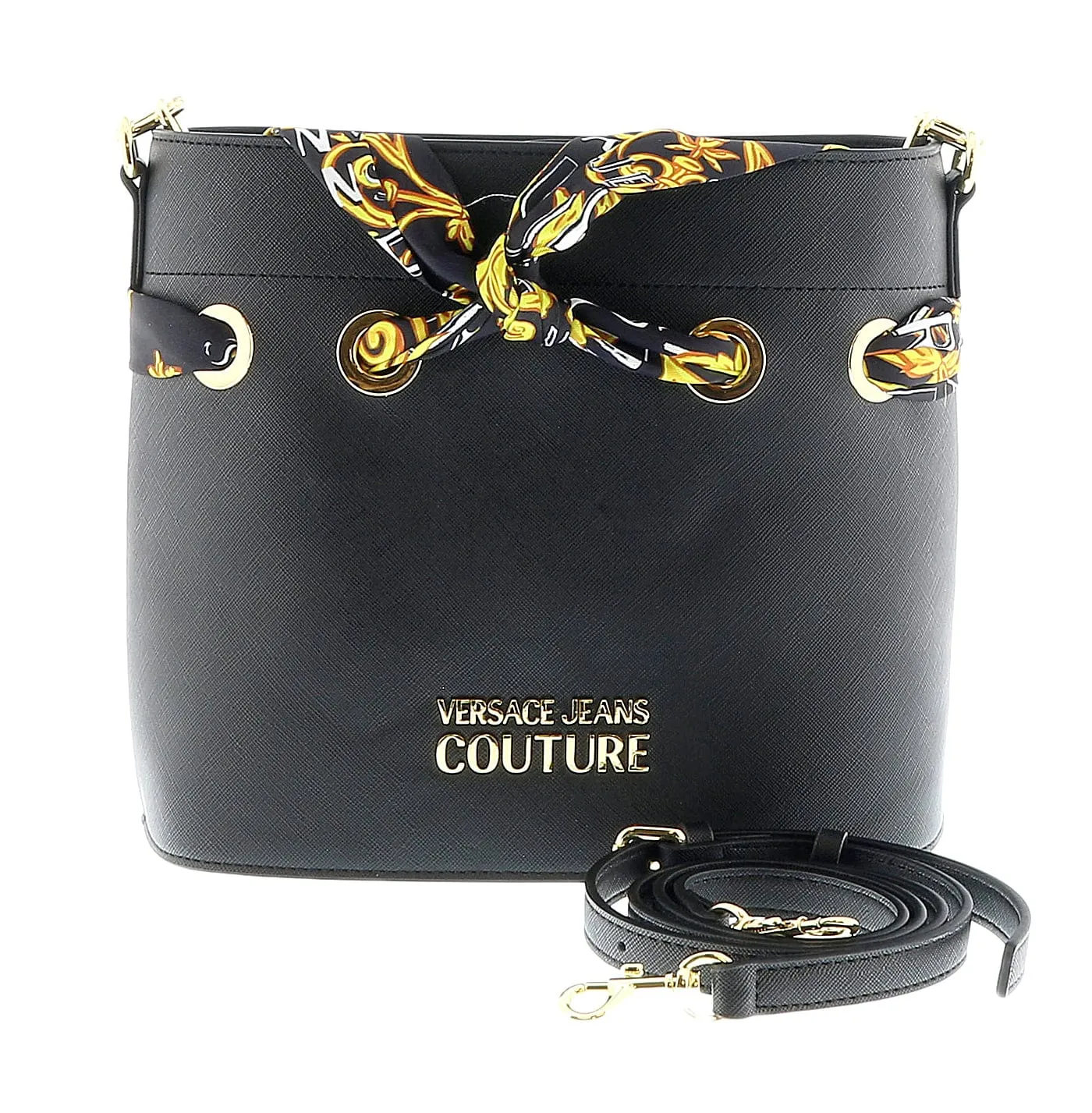 Versace Jeans Couture Black Scarf Embellished Medium Bucket Bag