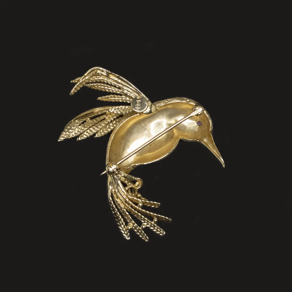 VINTAGE 14K YELLOW GOLD HUMMINGBIRD PIN BROOCH HANDMADE ESTATE 7.5 GRAM PENDANT