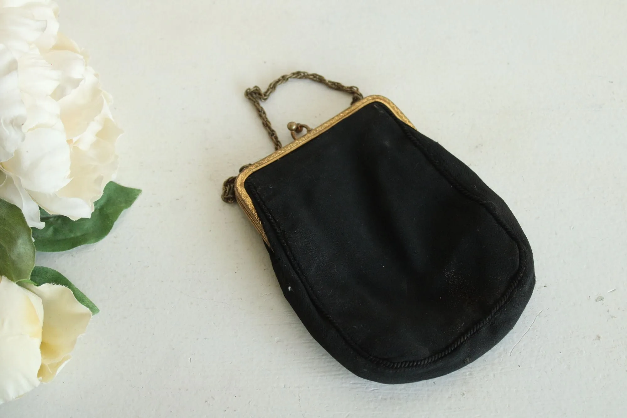 Vintage 1910s 1920s Black Embroidered Tapestry Purse