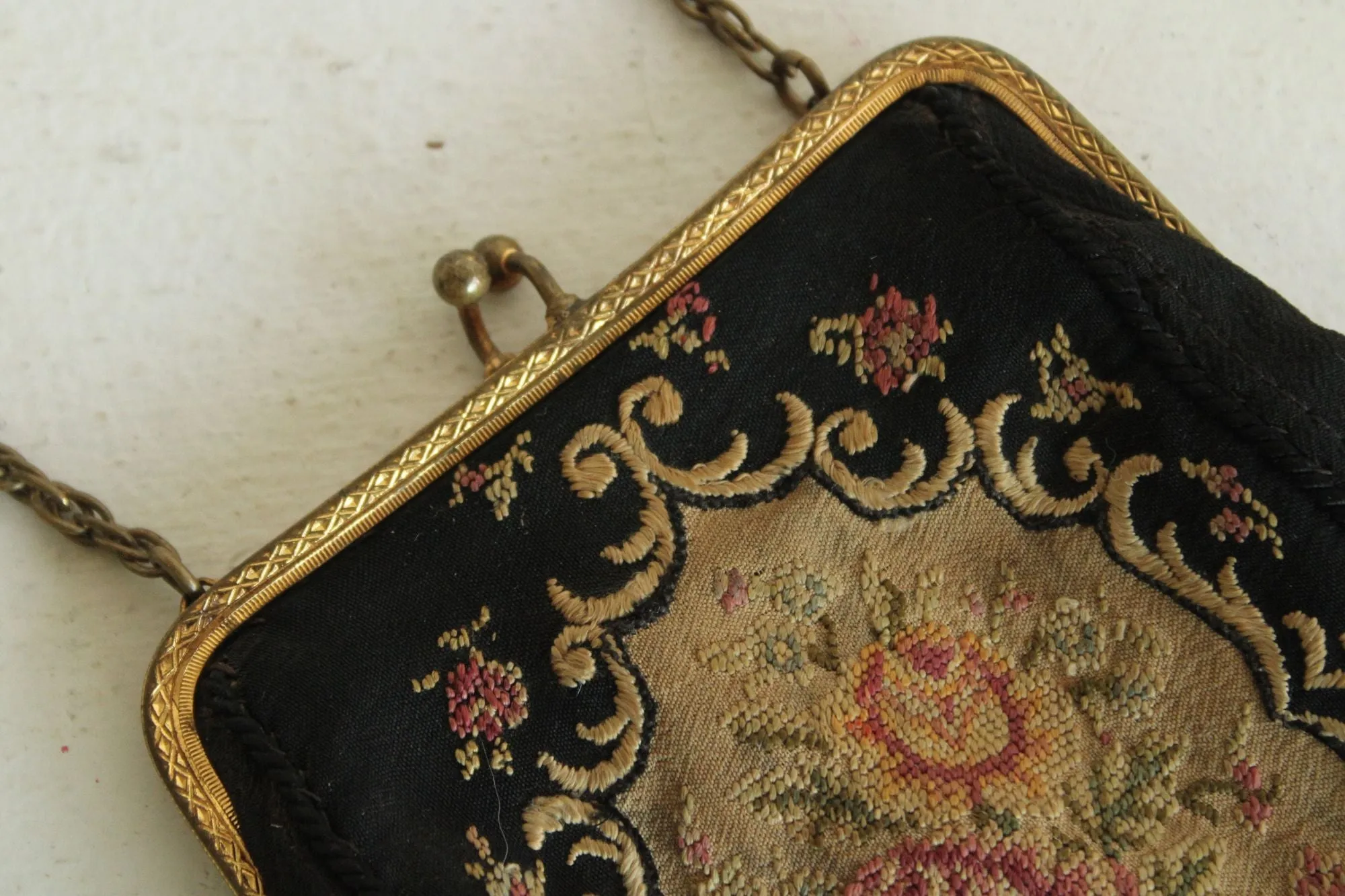 Vintage 1910s 1920s Black Embroidered Tapestry Purse
