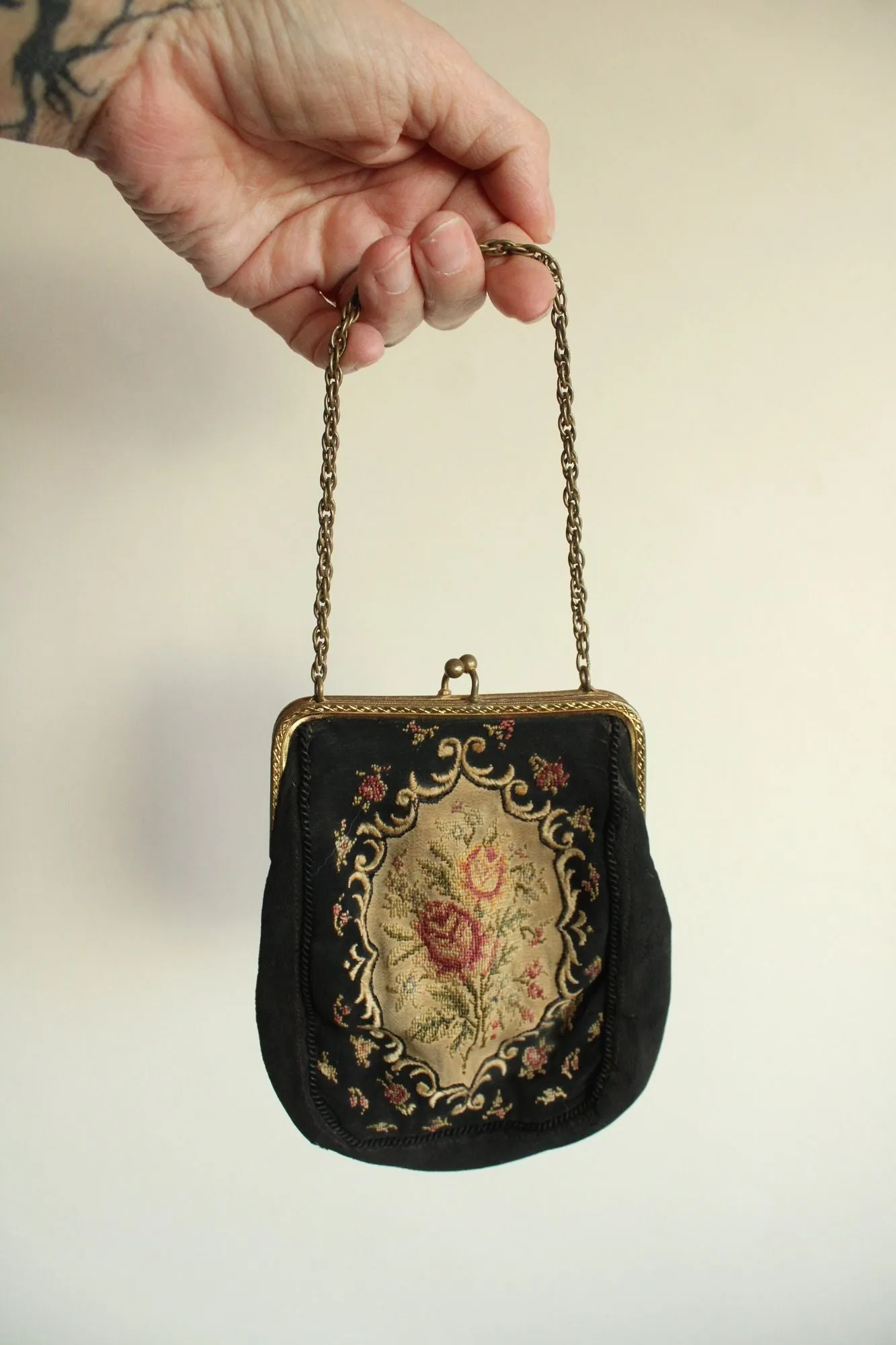 Vintage 1910s 1920s Black Embroidered Tapestry Purse