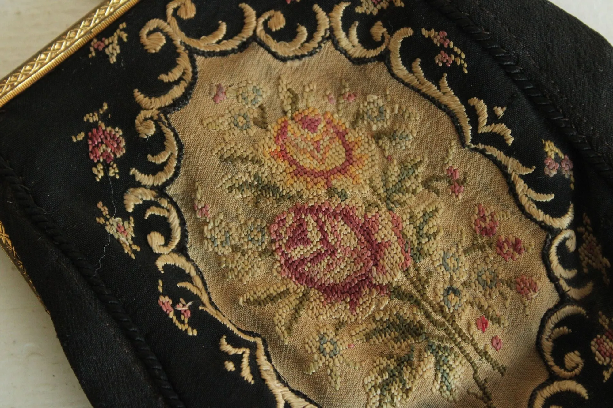 Vintage 1910s 1920s Black Embroidered Tapestry Purse