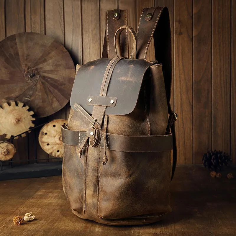 Vintage Small Leather Backpack Drawstring